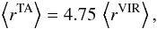 \begin{eqnarray} \left\langle r^{\rm TA} \right\rangle = 4.75\,\left\langle r^{\rm VIR}\right\rangle, \end{eqnarray}