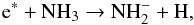 Mathematical equation: \begin{equation} {\rm e}^* + \mathrm{NH}_3 \rightarrow \mathrm{NH}_2^- + \mathrm{H} , \end{equation}