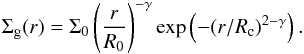 \begin{equation} \label{eq:edge} \Sigma_{\rm g}(r) = \Sigma_0 \left(\frac{r}{R_0}\right)^{-\gamma} \exp\left(-(r/R_{\rm c})^{2-\gamma}\right) . \end{equation}