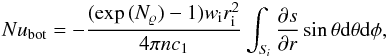 \appendix \setcounter{section}{1} \begin{eqnarray} Nu_\mathrm{bot} = -\frac{(\exp{(N_\varrho)}-1)w_{\rm i}r_{\rm i}^2}{4\pi nc_1}\int_{S_{\!i}}\frac{\partial s}{\partial r}\sin\theta \mathrm{d}\theta \mathrm{d}\phi, \label{nu_bot} \end{eqnarray}