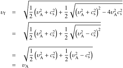 \begin{eqnarray*} \upsilon_{\rm f}&=&\sqrt{\frac{1}{2}\left(\upsilon_{\rm A}^{2}+c_{\rm s}^{2}\right) +\frac{1}{2}\sqrt{\left(\upsilon_{\rm A}^{2}+c_{\rm s}^{2}\right)^{2}-4\upsilon_{\rm A}^{2}c_{\rm s}^{2}}} \\ &=&\sqrt{\frac{1}{2}\left(\upsilon_{\rm A}^{2}+c_{\rm s}^{2}\right) +\frac{1}{2}\sqrt{\left(\upsilon_{\rm A}^{2}-c_{\rm s}^{2}\right)^{2}}}\\ \\ &=&\sqrt{\frac{1}{2}\left(\upsilon_{\rm A}^{2}+c_{\rm s}^{2}\right) +\frac{1}{2}\left(\upsilon_{\rm A}^{2}-c_{\rm s}^{2}\right)} \\ &=&\upsilon_{\rm A} \end{eqnarray*}
