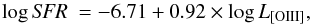 Mathematical equation: \begin{equation} \log {\it SFR}~= -6.71 + 0.92 \times \log L_{\text{[OIII]}}, \end{equation}