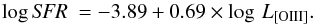Mathematical equation: \begin{equation} \log {\it SFR}~= -3.89 + 0.69 \times \log\, L_{\text{[OIII]}}. \end{equation}