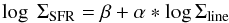 Mathematical equation: \begin{equation} \log~\Sigma_{\text{SFR}} = \beta + \alpha*\log \Sigma_{\text{line}} \end{equation}