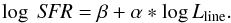 Mathematical equation: \begin{equation} \label{func1} \log~{\it SFR} = \beta + \alpha*\log L_{\text{line}}. \end{equation}
