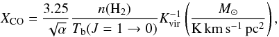 Mathematical equation: $$ X_{\rm CO} = \frac{3.25}{\sqrt{\alpha}} \frac{n(\rm H_2)}{T_{\rm b}(J=1\rightarrow0)} K_{\rm vir}^{-1} \left(\frac{M_\odot\rm }{\rm K\, km\, s^{-1}\, pc^2}\right), $$