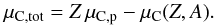 Mathematical equation: \begin{equation} \mu_{\rm C,tot} = Z\,\mu_{\rm C, p} -\mu_{\rm C}(Z,A). \end{equation}