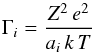Mathematical equation: \begin{equation} \Gamma_i = \frac{Z^2\,e^2}{a_i\, k\, T} \end{equation}