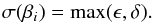 Mathematical equation: \appendix \setcounter{section}{1} \begin{equation} \label{eqn:beta_interpolate_error}\sigma(\beta_i) = \max(\epsilon,\delta). \end{equation}