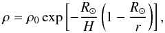Mathematical equation: \begin{equation} \rho = \rho_0 \exp\left[-\frac{R_\odot}{H}\left(1-\frac{R_\odot}{r}\right)\right], \label{eq:density} \end{equation}