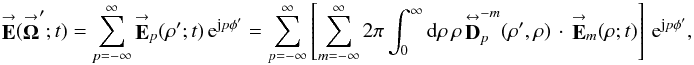 Mathematical equation: % subequation 1896 0 \begin{equation} \label{Eq:EPropPTAM} \vecbf{E}(\vecbf{\Omega}^{\prime};t) = \sum_{p=-\infty}^{\infty} \vecbf{E}_{p}(\rho^{\prime};t) \, {\rm e}^{{\rm j} p \phi^{\prime}} = \sum_{p=-\infty}^{\infty} \left[ \sum_{m=-\infty}^{\infty} 2\pi \int_{0}^{\infty} {\rm d}\rho \, \rho \, \matbf{D}^{-m}_{p}(\rho^{\prime},\rho) \, \cdot \, \vecbf{E}_{m}(\rho;t) \right] \, {\rm e}^{{\rm j} p \phi^{\prime}} , \end{equation}