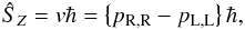 Mathematical equation: % subequation 2322 0 \begin{equation} \label{Eq:SexpFinal} \hat{S}_{Z} = v \hbar = \left\{ p_{\rm R,R} - p_{\rm L,L} \right\} \hbar , \end{equation}