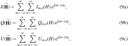 Mathematical equation: % subequation 1085 0 \begin{eqnarray} \label{Eq:I_mn} &&I(\vecbf{H}) = \sum_{m=-\infty}^{\infty} \sum_{n=-\infty}^{\infty} I_{m,n}(H) \, {\rm e}^{{\rm j}(m-n)\chi} , \\ \label{Eq:Q_mn} &&Q(\vecbf{H}) = \sum_{m=-\infty}^{\infty} \sum_{n=-\infty}^{\infty} Q_{m,n}(H) \, {\rm e}^{{\rm j}(m-n)\chi} , \\ \label{Eq:U_mn} &&U(\vecbf{H}) = \sum_{m=-\infty}^{\infty} \sum_{n=-\infty}^{\infty} U_{m,n}(H) \, {\rm e}^{{\rm j}(m-n)\chi} , \end{eqnarray}