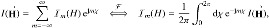 Mathematical equation: % subequation 1182 0 \begin{equation} \label{Eq:Rancor1} I(\vecbf{H}) = \sum_{m=-\infty}^{\infty} \mathcal{I}_{m}(H) \, {\rm e}^{{\rm j}m\chi} ~~~~ \stackrel{\mathcal{F}}{\Longleftrightarrow} ~~~~ \mathcal{I}_{m}(H) = \frac{1}{2\pi} \int_{0}^{2\pi} {\rm d}\chi \, {\rm e}^{-{\rm j}m\chi} \, I(\vecbf{H}) , \end{equation}
