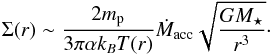 Mathematical equation: \begin{equation} \Sigma(r) \sim \frac{2 m_{\rm p}}{3\pi \alpha k_B T(r)} \dot{M}_{\rm acc} \sqrt{\frac{GM_\star}{r^3} } \cdot \end{equation}