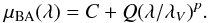 Mathematical equation: \begin{equation} \mu_{\rm{BA}}(\lambda) = C + Q(\lambda/\lambda_V)^p . \label{eq6} \end{equation}