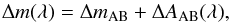 Mathematical equation: \begin{equation} \Delta m(\lambda) = \Delta m_{\rm{AB}} + \Delta A_{\rm{AB}}(\lambda) , \label{eq1} \end{equation}