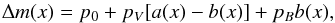 Mathematical equation: \begin{equation} \Delta m(x) = p_0 + p_V [a(x) - b(x)] + p_B b(x) , \label{eq2} \end{equation}