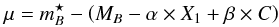Mathematical equation: \begin{equation} \mu = \mstar - \left( M_B - \alpha \times X_1 + \beta \times C \right) \label{eq:4} \end{equation}