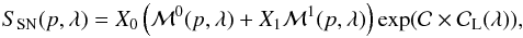 Mathematical equation: \begin{equation} \label{eq:13} S_{\rm SN}(p, \lambda) = \xzero \left(\mathcal{M}^0(p, \lambda) + \xun \mathcal{M}^1(p, \lambda)\right) \exp(\col \times \mathcal{C}_{\rm L}(\lambda)), \end{equation}