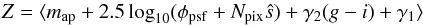 Mathematical equation: \begin{equation} \label{eq:6} \zp = \langle m_{\rm ap} + 2.5 \log_{10} (\phi_{\rm psf} + N_{\rm pix} \hat s) + \gamma_2 (g-i) + \gamma_1 \rangle \end{equation}