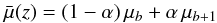 Mathematical equation: \appendix \setcounter{section}{5} \begin{equation} \label{eq:28} \bar \mu(z) = (1 - \alpha) \, \mu_b + \alpha \, \mu_{b+1} \end{equation}