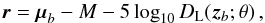Mathematical equation: \appendix \setcounter{section}{5} \begin{equation} \vec r=\vec \mu_b - M - 5\log_{10}D_{\rm L}(\vec z_b; \theta)\,,\label{eq:23} \end{equation}