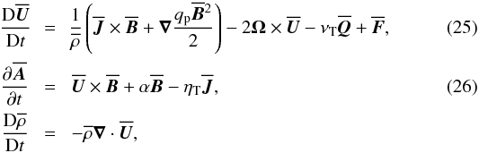 Mathematical equation: \begin{eqnarray} {\DD\meanUU\over\DD t}\!\!&=&\!\!{1\over\meanrho}\left( \meanJJ\times\meanBB+\nab{q_{\rm p}\meanBB^2\over2}\right) -2\OO\times\meanUU-\nuT\meanQQ+\meanFF,\\ \label{dAmean} {\partial\meanAA\over\partial t}\!&=&\!\meanUU\times\meanBB +\alpha\meanBB-\etaT\meanJJ,\\ {\DD\meanrho\over\DD t}\!&=&\!-\meanrho\nab\cdot\meanUU, \nonumber \end{eqnarray}