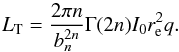 Mathematical equation: \begin{equation} L_{\rm T} = \frac{2\pi n}{b_n^{2n}} \Gamma(2n) I_0 r_{\rm e}^2q. \label{Eq15} \end{equation}