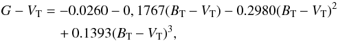 Mathematical equation: \begin{eqnarray} \label{Eq01} G-V_{\rm T} &=&-0.0260-0,1767 (B_{\rm T} -V_{\rm T}) - 0.2980 (B_{\rm T} -V_{\rm T})^2 \nonumber\\ &&\quad + 0.1393 (B_{\rm T} -V_{\rm T} )^3, \end{eqnarray}