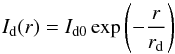 Mathematical equation: \begin{equation} I_{\rm d} (r) = I_{\rm d0} \exp \left(-\frac{r}{r_{\rm d} } \right) \label{Eq02} \end{equation}