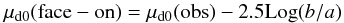 Mathematical equation: \begin{equation} \mu_{\rm d0}({\rm face-on}) = \mu_{\rm d0}({\rm obs}) -2.5 {\rm Log}(b/a) \label{Eq04} \end{equation}
