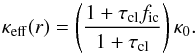 Mathematical equation: \begin{equation} \kappa_{\rm eff}(r) = \left( \frac{1 + \tau_{\rm cl} f_{\rm ic}}{1+\tau_{\rm cl}} \right) \kappa_0 . \label{Eq:eff_kap} \end{equation}