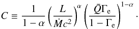 Mathematical equation: \begin{equation} C \equiv \frac{1}{1-\alpha} \left( \frac{L}{\dot{M}c^2} \right)^\alpha \left( \frac{\bar{Q} \Gamma_{\rm e}}{1-\Gamma_{\rm e}} \right)^{1-\alpha}\cdot \label{Eq:cak_c} \end{equation}