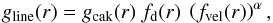 Mathematical equation: \begin{equation} g_{\rm line}(r) = g_{\rm cak}(r) \ f_{\rm d}(r) \ \left( f_{\rm vel}(r) \right)^\alpha, \end{equation}