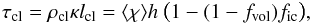 Mathematical equation: \begin{equation} \tau_{\rm cl} = \rho_{\rm cl} \kappa l_{\rm cl} = \langle \chi \rangle h \ \big(1-(1-f_{\rm vol})f_{\rm ic}\big), \end{equation}