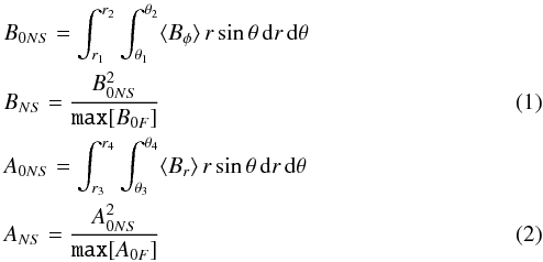 Mathematical equation: \begin{eqnarray} && B_{0NS}=\int_{r_1}^{r_2}\int_{\theta_1}^{\theta_2} \langle B_\phi \rangle \, r \sin \theta \, {\rm d}r \, {\rm d}\theta \nonumber \\ && B_{NS} = \frac{B_{0NS}^2}{\texttt{max}[B_{0F}]} \\ && A_{0NS}=\int_{r_3}^{r_4}\int_{\theta_3}^{\theta_4} \langle B_r \rangle \, r \sin \theta \, {\rm d}r \, {\rm d}\theta \nonumber \\ && A_{NS} = \frac{A_{0NS}^2}{\texttt{max}[A_{0F}]} \end{eqnarray}