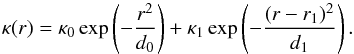 Mathematical equation: \begin{equation} \label{eq:sigma analytic 2} \invlam(r)=\invlam_0 \exp\left(-\frac{r^2}{d_0}\right)+\invlam_1 \exp\left(-\frac{(r-r_1)^2}{d_1}\right). \end{equation}