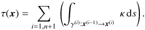 Mathematical equation: \begin{equation} \label{eqn: optical depth in MODA} \tau(\vec{x}) = \sum_{i=1,n+1} \, \left( \int_{\gamma^{(i)}: \vec{x}^{(i-1)} \rightarrow \vec{x}^{(i)}} \; \invlam \, {\rm d}s \right). \end{equation}