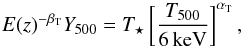 Mathematical equation: \begin{equation} E(z)^{-\beta_{\rm T}} {Y}_{500} = T_{\star} \left[ \frac{{T}_{500}}{6\,{\rm keV}} \right]^{\alpha_{\rm T}}, \end{equation}