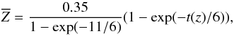 Mathematical equation: \begin{equation} \overline{Z} = \frac{0.35}{1-{\rm exp}(-11/6)}(1-{\rm exp}(-t(z)/6)), \end{equation}
