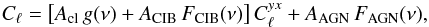 Mathematical equation: \begin{equation} C_\ell = \left[A_{\rm cl}\, g(\nu) + A_{\rm CIB}\, F_{\rm CIB}(\nu)\right] C^{yx}_\ell + A_{\rm AGN} \, F_{\rm AGN}(\nu), \end{equation}