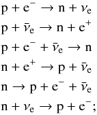 Mathematical equation: \begin{eqnarray} \label{eq:urca} &&\rm p + e^{-} \to n + \nu_{\rm e} \nonumber \\ &&\rm p + \bar\nu_{\rm e} \to n + e^{+} \nonumber \\ &&\rm p + e^{-} + \bar\nu_{e} \to n \nonumber \\ &&\rm n + e^{+} \to p + \bar\nu_{\rm e} \nonumber \\ &&\rm n \to p + e^{-} + \bar\nu_{\rm e} \nonumber \\ &&\rm n + \nu_{\rm e} \to p + e^{-}; \end{eqnarray}