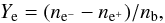 Mathematical equation: \begin{equation} Y_{\rm e} = (n_{\rm e^{-}}-n_{\rm e^{+}})/n_{\rm b}, \label{eq:ye1} \end{equation}