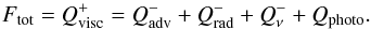 Mathematical equation: \begin{equation} F_{\rm tot} = Q^{+}_{\rm visc} = Q^{-}_{\rm adv}+Q^{-}_{\rm rad}+Q^{-}_{\nu} + Q_{\rm photo}. \label{eq:balance} \end{equation}