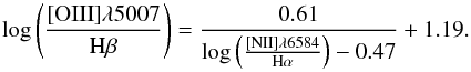 Mathematical equation: \begin{eqnarray*} \log{\left( \frac{[{\rm OIII}]\lambda5007}{{\rm H}\beta}\right)} =\frac{0.61}{\log{\left(\frac{[{\rm NII}]\lambda6584} {{\rm H}\alpha}\right)}-0.47}+1.19. \end{eqnarray*}