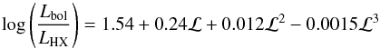 Mathematical equation: \begin{equation} \centering \log \left(\frac{L_{\rm bol}}{L_{\rm HX}}\right)=1.54+0.24\mathcal{L}+0.012\mathcal{L} ^2-0.0015\mathcal{L}^3 \label{eq:Lbol} \end{equation}