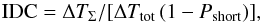 Mathematical equation: \begin{equation} {\rm IDC}= \Delta T_{\Sigma}/[\Delta T_{\rm tot} \, (1-P_{\rm short})] , \end{equation}
