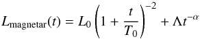 Mathematical equation: \begin{equation} L_{\rm magnetar}(t)=L_{0}\left(1+\frac{t}{T_{0}}\right)^{-2} + \Lambda t^{-\alpha} \label{equ:mag} \end{equation}
