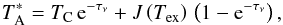 Mathematical equation: \begin{eqnarray} \label{antenna temp} T_\mathrm{A}^* = T_\mathrm{C}\,{\rm e}^{-\tau_\nu} + J\left(T_\mathrm{ex}\right)\,\left(1-{\rm e}^{-\tau_\nu}\right) , \end{eqnarray}
